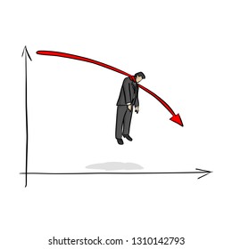 fail businessman hanging on red graph going down vector illustration with black lines isolated on white background. Business crisis concept.