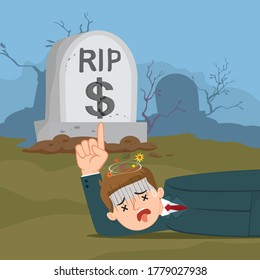 Fail businessman pointing finger at money grave, illustration vector cartoon