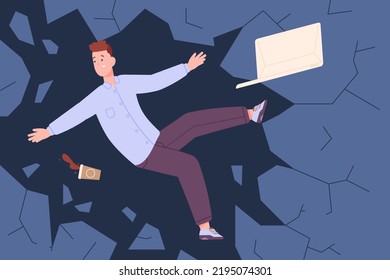 Fail career. Failure business plan or work mistake concept, job crisis accident collapse broken office life, burnout male clerk fail down, overthrow employee, vector illustration of fail career