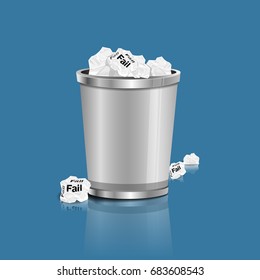 Fail - Crumpled paper can recycle was thrown to metal basket bin. Overflowing waste paper in office garbage bin. Junk, wastepaper in rubbish isolated on blue background, vector illustration.