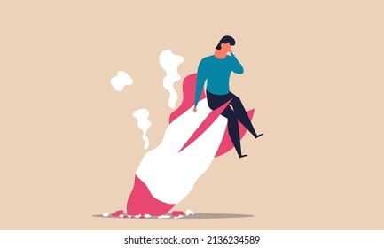 Fail entrepreneur and startup failure. Risk bankrupt and accident with business space rocket vector illustration concept. Company idea background and project start. Man launch spaceship and bankruptcy