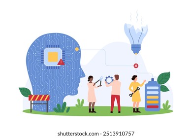 Fail and error in work process of AI. Tiny people with gear and wrench repair broken light bulb and connection to artificial intelligence head with CPU and circuit cartoon vector illustration
