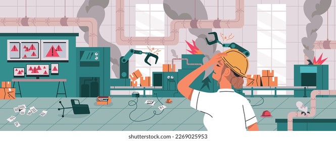 Fail at factory. Trouble in production industry. Manufacturing business problems. Danger and bad ineffective management. Damaged industrial machines. Broken machine out control. Panic process. Failure