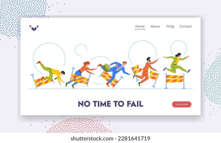 Fail Landing Page Template. Characters Falling Over An Obstacles During Race Symbolizing Hurdles In Entrepreneurship