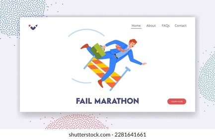 Fail Marathon Landing Page Template. Man Falling Over An Obstacle During Business Race. Male Character Faced Problems