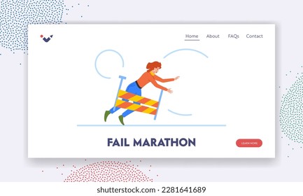 Fail Marathon Landing Page Template. Businesswoman Stumbles Over Obstacle During Race, Struggling To Regain Balance