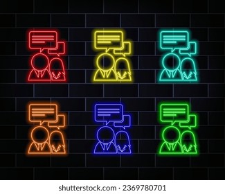 Fail, Neon effect. People talking line icon. Conversation sign. Communication speech bubbles symbol. Trendy flat geometric designs. Vector. red, yellow, blue, orange and green.