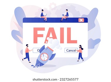 Fail notification. Crash launching space rocket metaphor failure business start up. Unsuccessful businessman. Modern flat cartoon style. Vector illustration 
