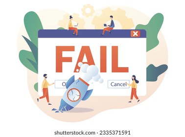 Fail notification. Crash launching space rocket metaphor failure business start up. Unsuccessful businessman. Modern flat cartoon style. Vector illustration on white background