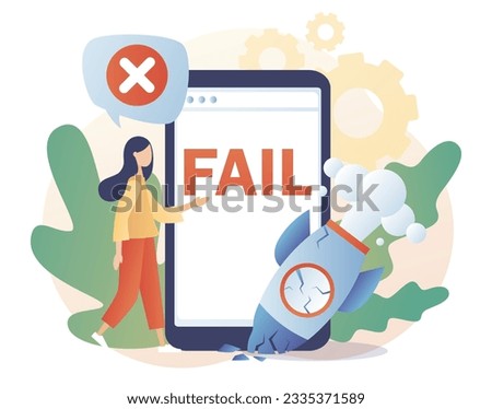 Fail notification on smartphone screen. Crash launching space rocket metaphor failure business start up. Unsuccessful businessman. Modern flat cartoon style. Vector illustration on white background