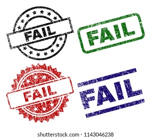 FAIL seal prints with distress texture. Black, green,red,blue vector rubber prints of FAIL label with dirty texture. Rubber seals with round, rectangle, medal shapes.