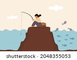 Fail to see opportunity, uninspired employee stuck to find creativity, motivation, corporate success or challenge, bored woman blindly sit and fishing at wrong place while ignore success opportunity.