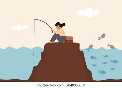 Fail to see opportunity, uninspired employee stuck to find creativity, motivation, corporate success or challenge, bored woman blindly sit and fishing at wrong place while ignore success opportunity.