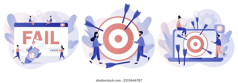 Fail start up business. Not hit target, arrows around, crash launching space rocket metaphor business failure. Unsuccessful businessman. Modern flat cartoon style. Vector illustration 