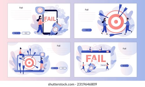 Fail start up business. Not hit target, arrows around, crash launching space rocket metaphor. Screen template for landing page, template, ui, web, mobile app, poster, banner, flyer. Vector 