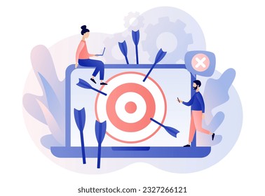 Fail start up business. Not hit target, arrows around onlaptop screen metaphor online business failure. Unsuccessful businessman. Modern flat cartoon style. Vector illustration