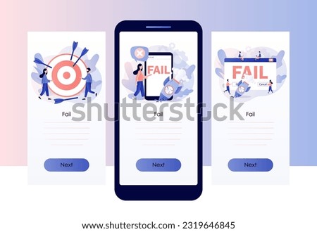Fail start up business. Not hit target, arrows around, crash launching space rocket metaphor business failure.Screen template for mobile, smartphone app. Modern flat cartoon style. Vector illustration