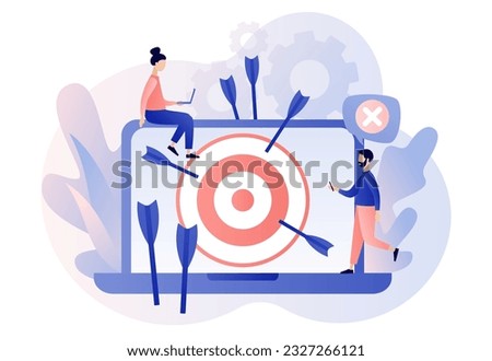 Fail start up business. Not hit target, arrows around onlaptop screen metaphor online business failure. Unsuccessful businessman. Modern flat cartoon style. Vector illustration