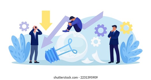 Fail start up business. Unexpected entrepreneur bankruptcy. Depressed businessman sitting on broken light bulb. New business failure. Burnout or exhaustion from crisis, no new idea or inspiration