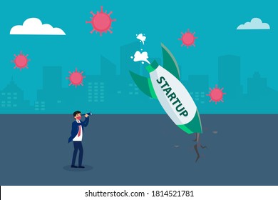Fail startup development vector concept: Businessman with face mask looking at business startup  crashed caused by pandemic