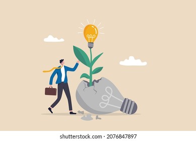 Fail to success, aspiration and effort to invent new innovation, learn from mistake or motivation to success, cheerful businessman look at seedling bright lightbulb idea plant grow from broken one.
