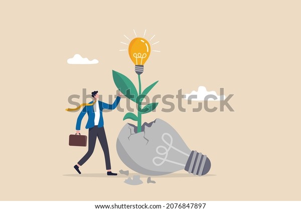 Fail to success, aspiration and effort to invent new\
innovation, learn from mistake or motivation to success, cheerful\
businessman look at seedling bright lightbulb idea plant grow from\
broken one.