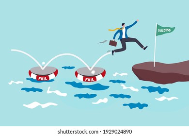Fail to success, using failure to be lesson learn and creativity to achieve business success concept, smart business jumping on many time of failures floating on water and finally reach success flag.