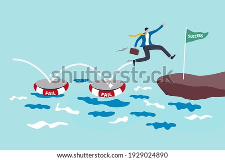 Fail to success, using failure to be lesson learn and creativity to achieve business success concept, smart business jumping on many time of failures floating on water and finally reach success flag.