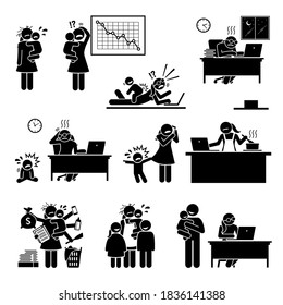 Fail work from home mom or mother. Vector illustrations of the difficulty of a mommy working at home because of the distraction from her baby or child.