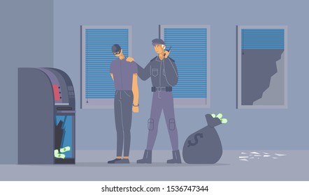 Failed burglary attempt flat vector illustration. Policeman in uniform and bank robber in mask cartoon characters. Security guard caught thief stealing money from ATM machine, criminal apprehension