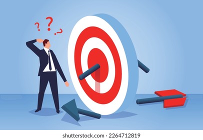 Failed business or unemployment, failure to accomplish goals, setbacks or difficulties, a businessman's bull's-eye arrow breaks