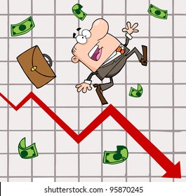 Failed Businessman Goes Down With The Statistics Arrow.Vector Illustration