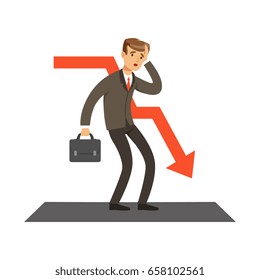 Failed businessman and red graph going down, unsuccessful character vector Illustration