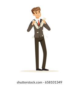 Failed businessman tearing a sheet of paper vector Illustration