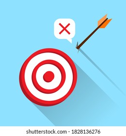 failed, does not match expectations or goals, missed and out of target concept illustration flat design vector. with 3d bullseye, dart, arrow. simple, modern, minimalist style icon, logo, sign, symbol
