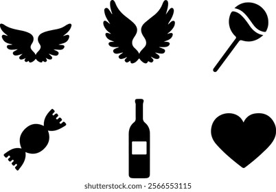 Failed to extract the image. Try to download it and upload from your device

wings, lollipop, candy, wine bottle, heart shape, Minimalist icons, black silhouettes, 