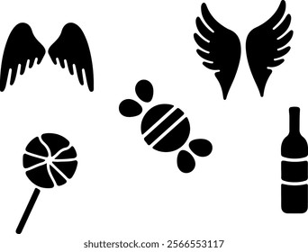 Failed to extract the image. Try to download it and upload from your device

wings, lollipop, candy, wine bottle, heart shape, Minimalist icons, black silhouettes, 