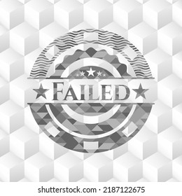 Failed grey emblem with geometric cube white background. 