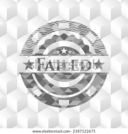Failed grey emblem with geometric cube white background. 