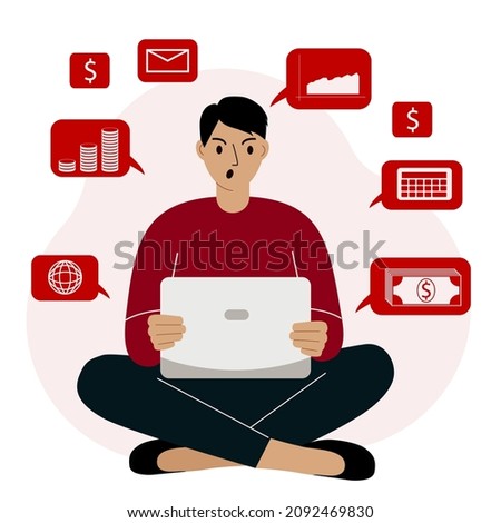 A failed internet business, a man working remotely from home on a laptop computer who cannot make money. Internet technologies. Financial failure, data analysis. Financial loser. Vector flat illustrat