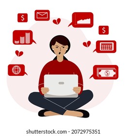 A failed internet business, a woman working remotely from home on a laptop computer who cannot make money. Internet technologies. Financial failure, data analysis. Vector flat illustration