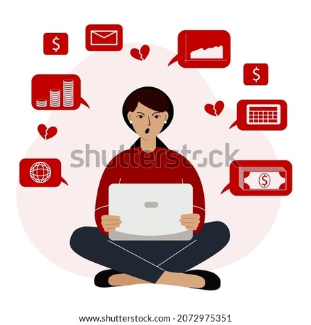 A failed internet business, a woman working remotely from home on a laptop computer who cannot make money. Internet technologies. Financial failure, data analysis. Vector flat illustration