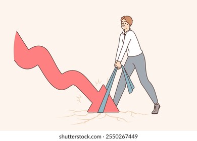 Un inversionista fallido trata de evitar la bancarrota durante la crisis financiera y hace subir el gráfico económico. Inversionista masculino entra en pánico debido al inicio de la recesión y la caída de los Precios por acciones y bonos del gobierno