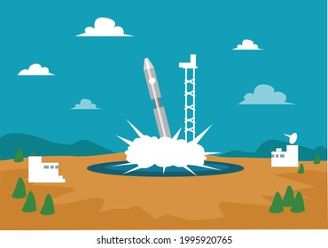 Failed Launch Of A Rocket As It Exploded On Its Base. Editable Clip Art.