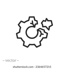 failed part icon, gear crack, broken mechanism, thin line symbol - editable stroke vector illustration