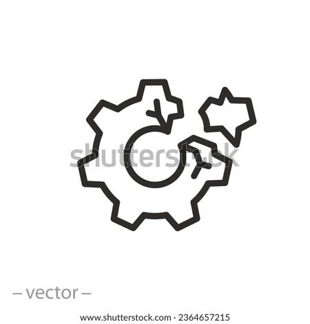 failed part icon, gear crack, broken mechanism, thin line symbol - editable stroke vector illustration