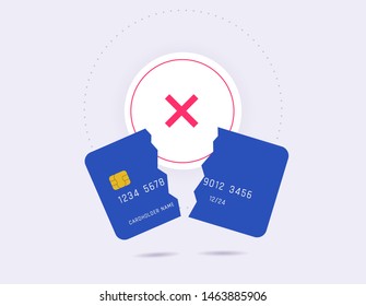 Failed payment, declined transaction, invalid purchase. Broken credit card with cross cancel sign flat design.