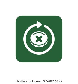 failed payment refund icon with coin x mark and circular retry arrow symbol showing rejected transaction chargeback reversal error on green rounded square background