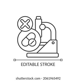 Failed research linear icon. Setback in clinical trial. Improper dose selection. Lack of efficacy. Thin line customizable illustration. Contour symbol. Vector isolated outline drawing. Editable stroke