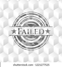 Failed retro style grey emblem with geometric cube white background